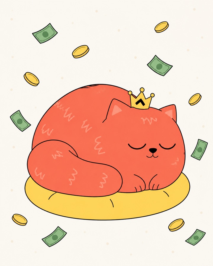 Capi duerme sobre un cojín rodeado de monedas y billetes